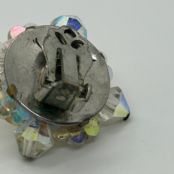 Vintage Aurora Borealis Earrings Crystal Flower Cluster Clip-On 1950-1960s - Picture 10 of 14